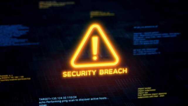 Business server show security breach alert warning sign, Hacker access private confidential database, Cyber attack data protection system exploit concept, hacking computer tech screen 3d rendering