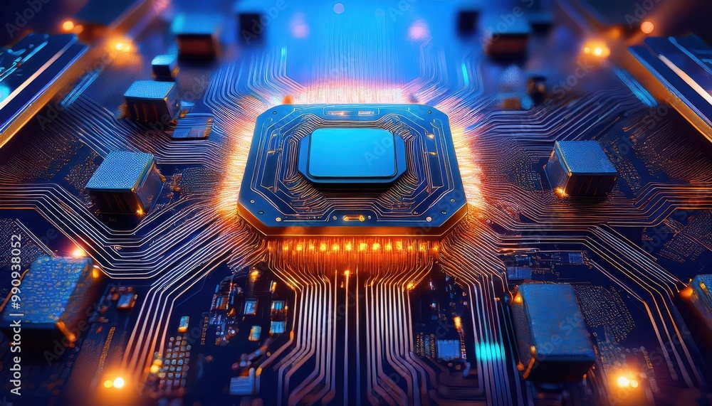 Poster futuristic microchip circuit board with glowing lights and intricate patterns depicting the rapid ad