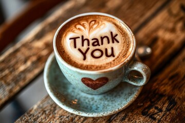 "Thank You" spelled out in delicate coffee foam art on the surface of a creamy latte, with a subtle heart design next to it. 