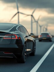 Fototapeta premium Two modern cars driving on a scenic road with wind turbines in the background under a cloudy sky.