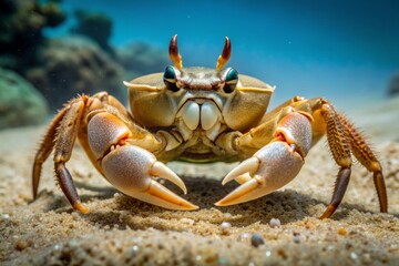 The opilio crab's claws and long legs protrude from the sandy seabed, its shimmering shell reflecting snippets of