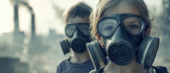Two children wearing gas masks, depicting a stark environment affected by pollution.
