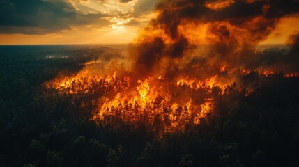 Naklejka premium Aerial view of a massive forest fire consuming trees at sunset in a remote area