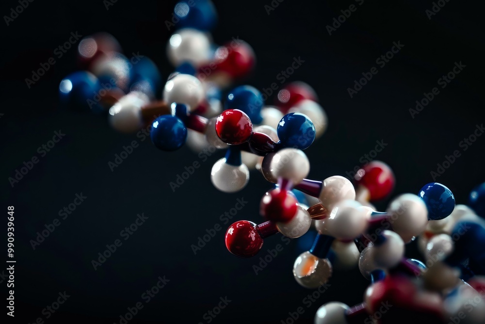 Poster molecular model structure on a dark background representing scientific research and development