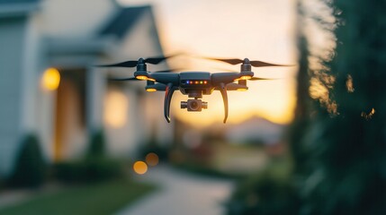 Silhouette of a drone or quadcopter flying over a scenic landscape during a beautiful sunset  The drone is backlit creating a dramatic silhouette effect against the glowing sky and environment