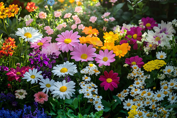 Joyful background with mixed daisy arrangements in a sunlit garden setting