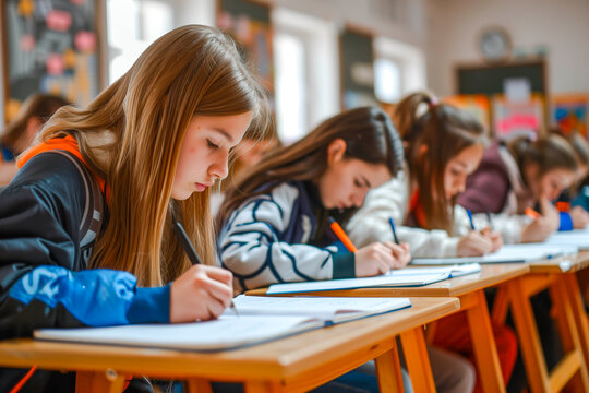 Kids in school writing and taking notes, teens pupils behind desks during the lesson listen to teacher lecture, classroom with students and classmates, group of teenagers during test and exam - Powered by Adobe