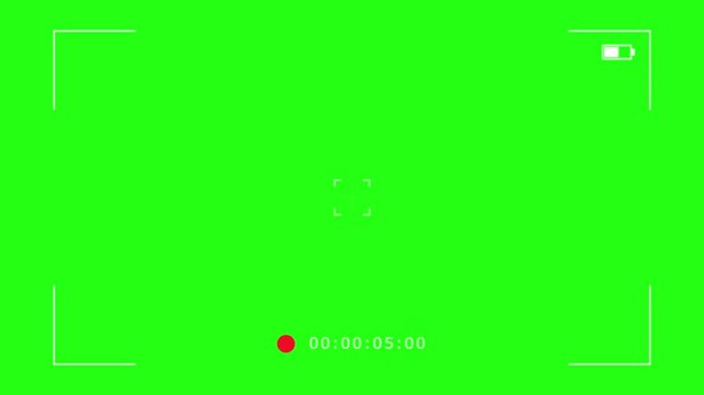 Camera recording screen overlay on green background, mirrorless cam viewfinder frame animation template, digital video recorder user interface display with setting and time data for production design