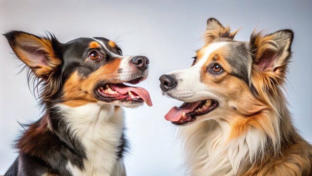 Two dogs hold a spirited discussion, their body language speaking volumes as they stand shoulder to shoulder, ears