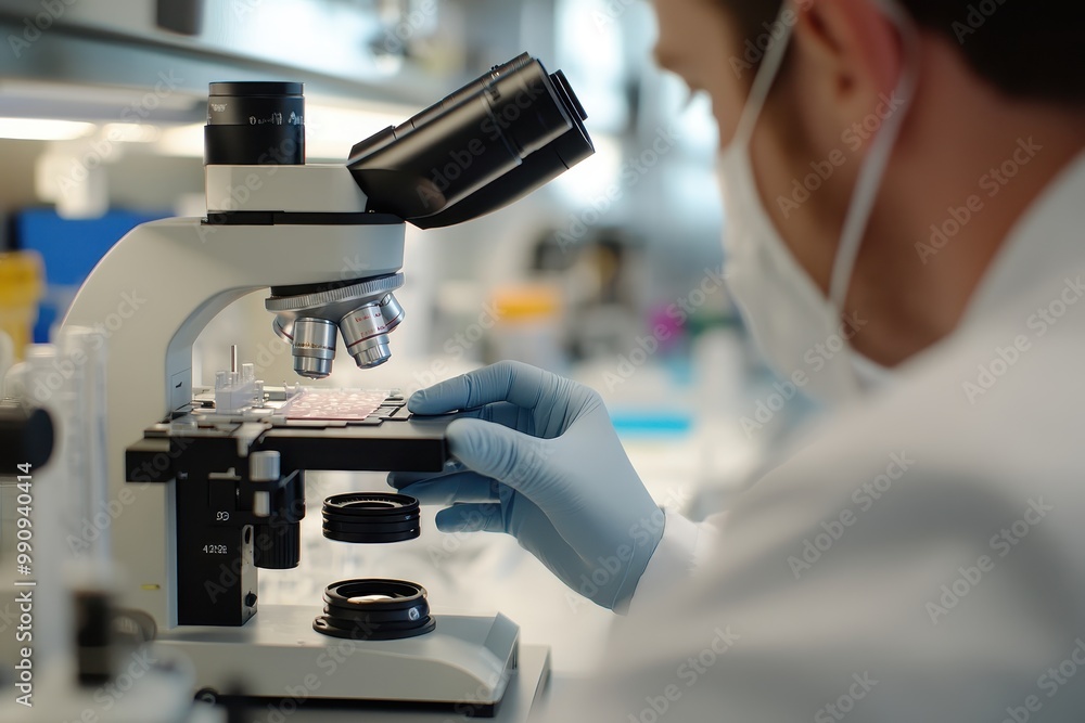 Poster a researcher examining a sample under a microscope in a laboratory setting.