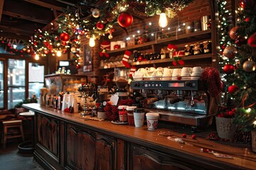 Cozy coffee shop with Christmas decor, warm coffee cup in a festive mug, holiday lights, snow falling outside 