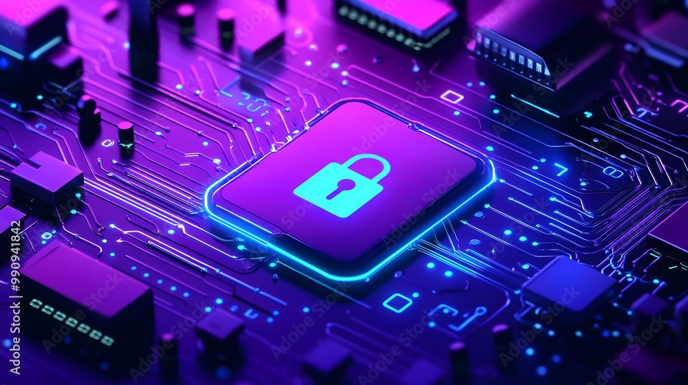 Poster colorful circuit board with a secure lock symbol illuminated in neon lights.