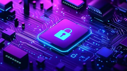 Colorful circuit board with a secure lock symbol illuminated in neon lights.