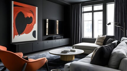 Stylish and Inviting Living Room with Bold Black Accent Walls Muted Gray Textiles and Captivating Contemporary Artwork Creating a Refined and Relaxing Retreat