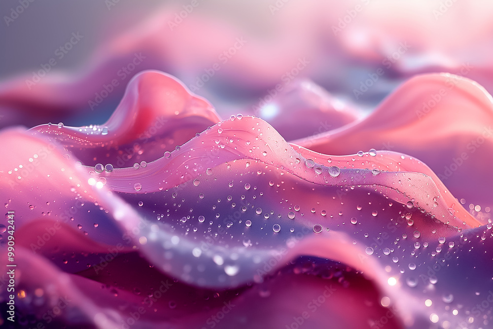 Poster warm pink waves undulate gracefully, adorned with tiny droplets that catch the light, offering a tra