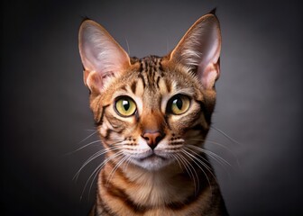 Naklejka premium * With an unblinking gaze, this ocicat's striking tabby coat and piercing eyes demand attention in its portrait