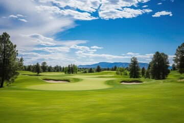 a golf course including trees in the distance and a lush, green field. The sky is blue and clear. Generative AI