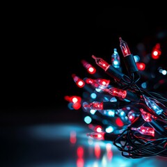Obraz premium Colorful red and blue holiday lights glowing against a dark background, perfect for festive decorations and celebrations.
