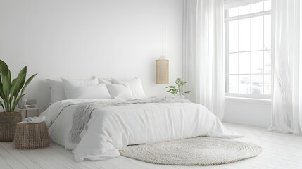 Fototapeta premium Serene White Bedroom Showcasing Crisp Linens Soft Rugs and Neutral Accents Creating a Calming and Peaceful Ambiance for Relaxation and Comfort