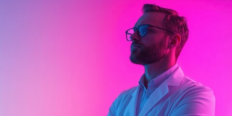 Fototapeta premium A thoughtful scientist in a lab coat, showcasing innovation against a vibrant pink and blue background.