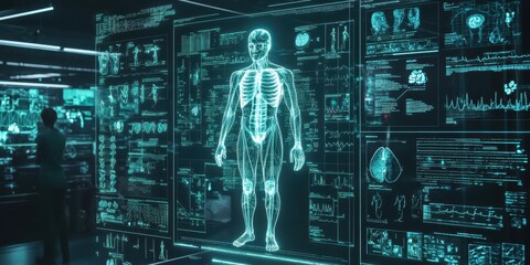 Futuristic medical technology showcasing a holographic human anatomy display and digital data in a high-tech environment.
