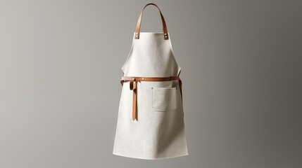 Elegant white apron with brown leather straps, displayed against a grey backdrop, highlighting its modern, durable design.