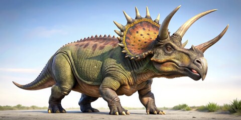 Obraz premium With its impressive horns and sprawling frill, this prehistoric herbivore dinosaur dominated the palaeo ecosystem,