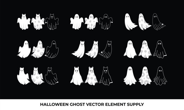 White and black ghost shapes various designs. - Powered by Adobe