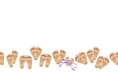 9 pairs of newborn babies feet one pair of premature baby tied with purple ribbon with a bow in a seamless border as a symbol of World Premature Baby Day and birth statistics