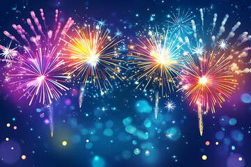 Diwali background with colourful fireworks bursting over a night sky