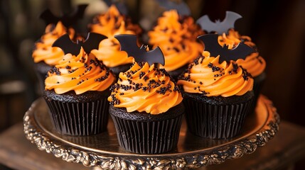 A dozen Halloween themed cupcakes with vibrant orange and black frosting decorated with fondant bats pumpkin toppers and spooky sprinkles arranged on a decorative platter for a festive autumn display