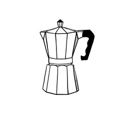 Vintage coffee pot, simple vector line art. Black and white coffeemaker illustration. 