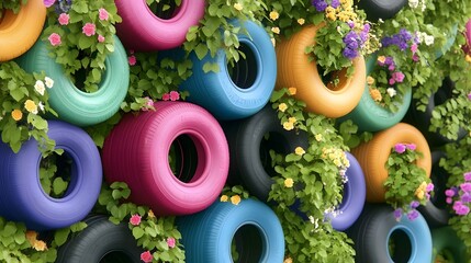 Discarded Tires Transformed into Vibrant Hanging Baskets with Cascading Flowering Vines in an Urban Garden