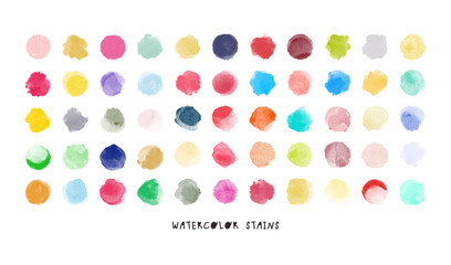Set of colorful watercolor hand painted round shapes, stains, circles, blobs isolated on white background. Vector elements for creative design