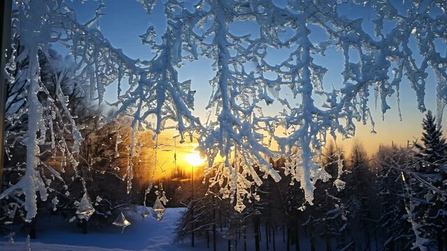 Static video of jack frost on a cabin window during winter solstice, backlit by the warm glow of a fireplace inside