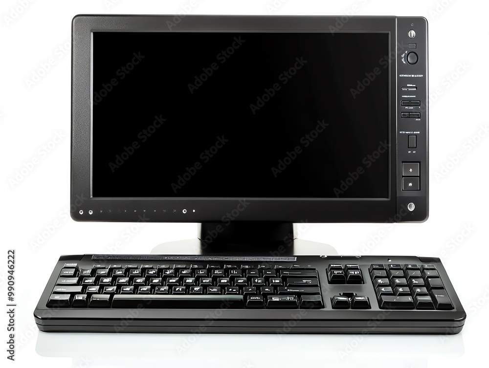 Poster a black computer monitor and keyboard on a white background.