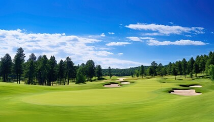 Obraz premium a golf course including trees in the distance and a lush, green field. The sky is blue and clear. Generative AI