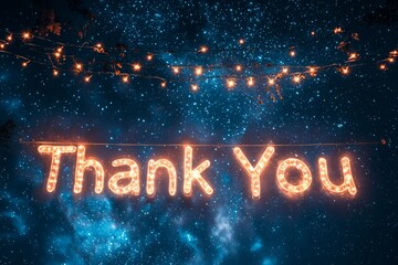 "Thank You" text composed of glowing fairy lights strung across a night sky filled with stars 