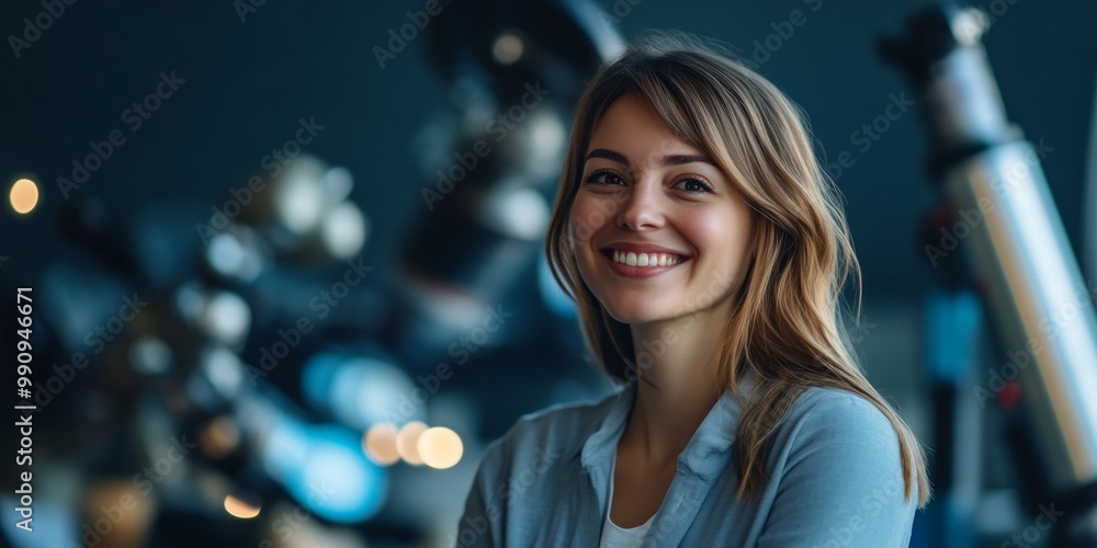 Poster young woman smiling in a modern setting with telescopes in the background. she represents curiosity 