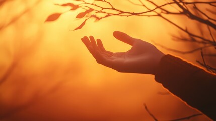 A ghostly hand reaching through autumn branches, mist swirling, glowing softly, close-up, haunted atmosphere, warm orange tones, closes up