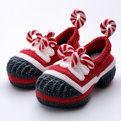 Playful candy-themed shoes with red and white crochet design, perfect for festive occasions or unique fashion accessories.