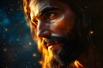 majestic portrait of jesus with compassionate expression ethereal light emanating from within set against cosmic background