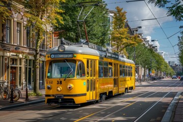 Yellow tram is driving on a city street during a sunny summer day