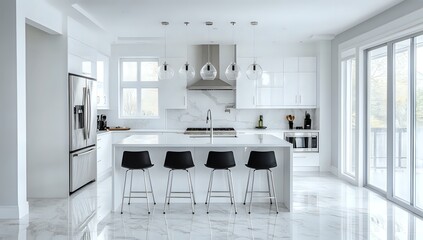 A modern kitchen with white cabinets, stainless steel appliances, and a marble countertop.