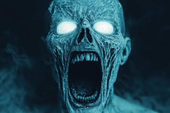 Face of a tormented spirit, mouth open in silent scream, close-up, glowing white eyes, horror, soft glowing mist, dark shadows, closes up - Powered by Adobe