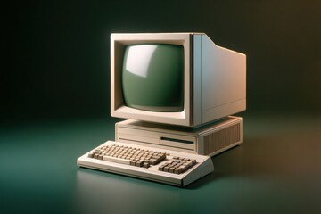 Retro computer from the 90s with a CRT screen on a green background - nostalgia and technology