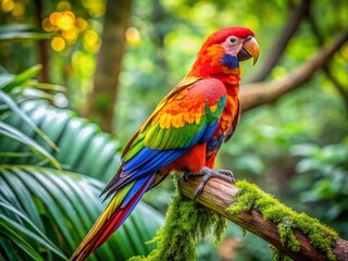 Fototapeta premium Vibrant feathers ruffled, a colorful parrot sits atop a tree branch, surrounded by verdant foliage and colorful blooms