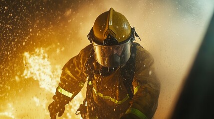 Fototapeta premium Dedicated firefighter bravely battling flames, sweat-soaked in the heat of the inferno, embodying the essence of courage and emergency rescue operations.