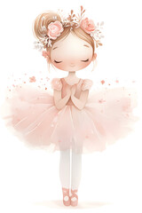 Cute baby girl doll ballerina in light pink tutu skirt with flowers, delicate watercolor illustration. Nursery poster design, limited color palette print