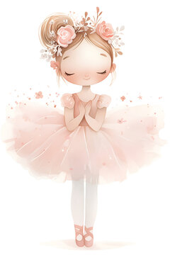 Cute baby girl doll ballerina in light pink tutu skirt with flowers, delicate watercolor illustration. Nursery poster design, limited color palette print